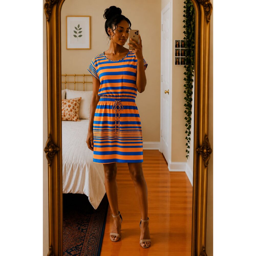 Gap Designed & Crafted Orange Blue Stripe Drawstring Waist Dress Front Pocket M